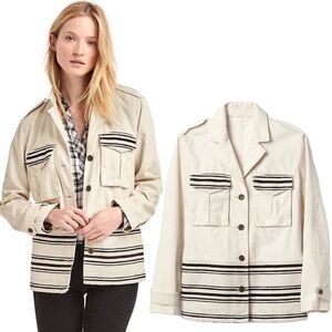 Gap Denim Herringbone Military Cargo Jacket Elbow Patch Utility Textured Relaxed